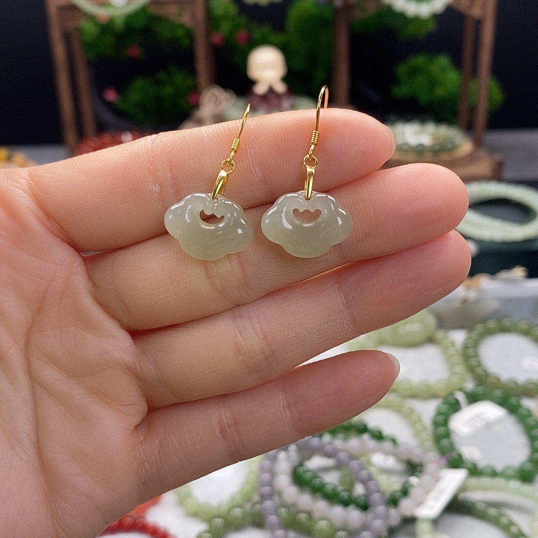 和田玉耳饰银S925镀金镶嵌