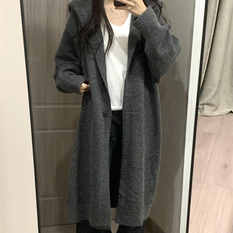 韩系慵懒风连帽长款过膝针织开衫毛衣女秋冬加厚宽松显瘦外套大衣