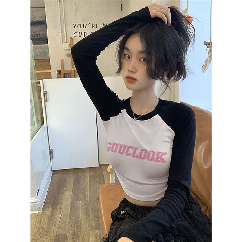 新款设计感美式炸街短款字母T恤女秋季甜辣妹长袖圆领打底衫上衣