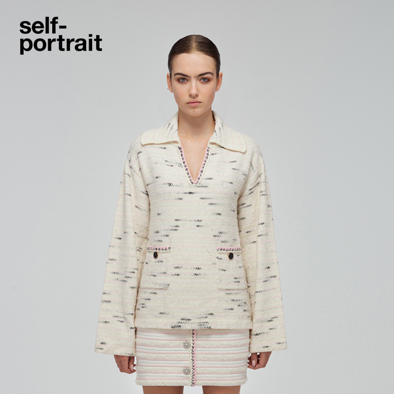 self-portrait 春夏白混色条纹V领针织长袖上衣