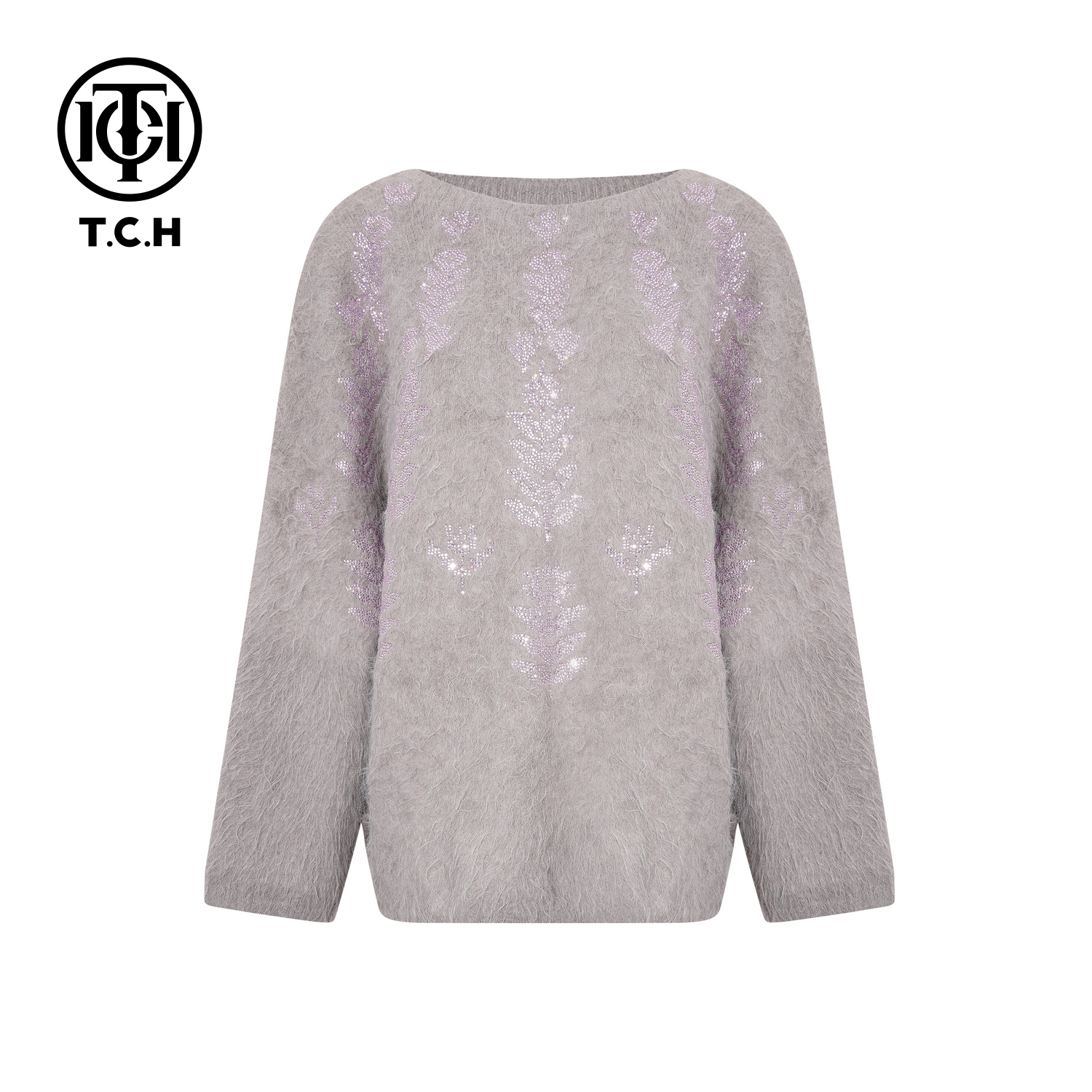 TCH-时尚潮牌花卉植物图案烫钻灰色圆领针织衫T75D09E1219
