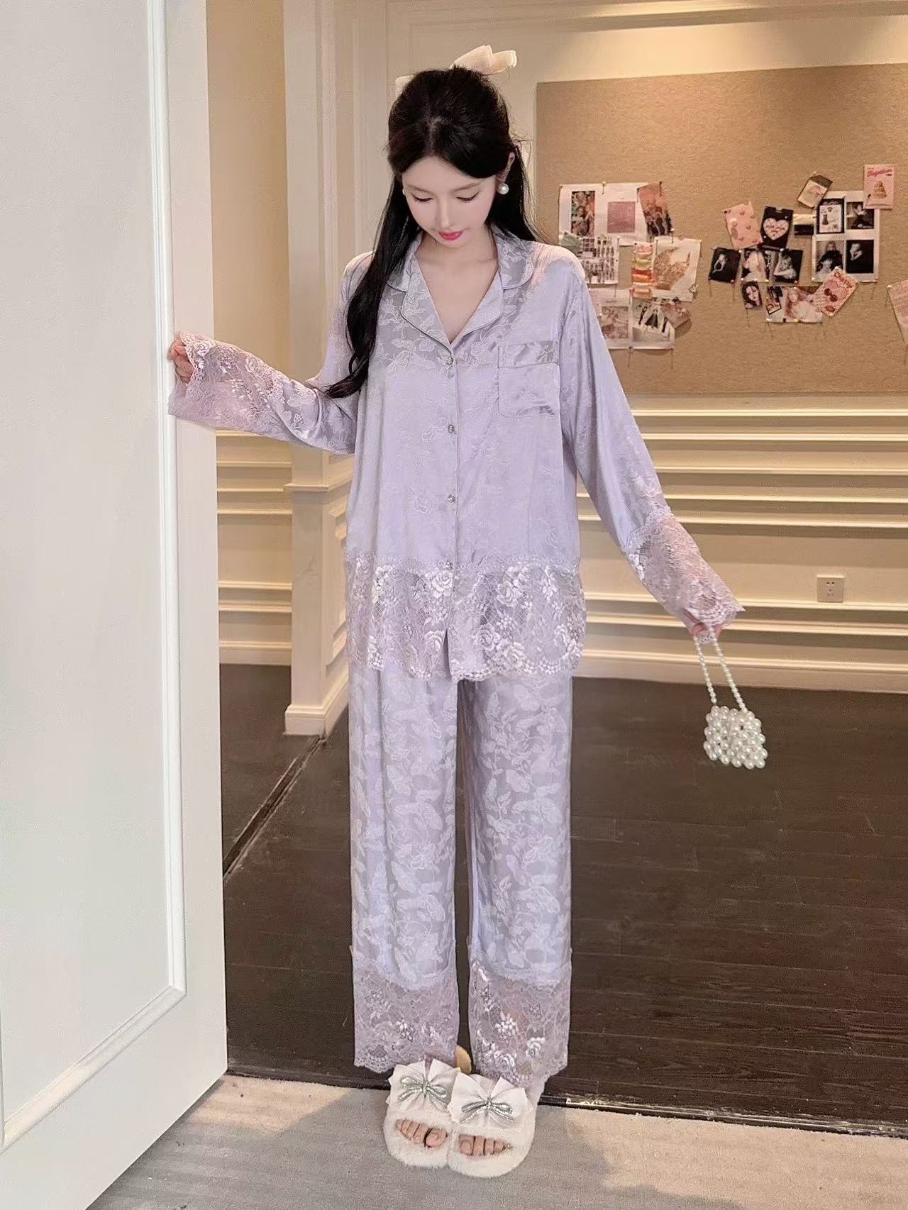 时尚轻奢女士紫色夏季冰丝长袖长裤睡衣吊带短裤四件套家居服