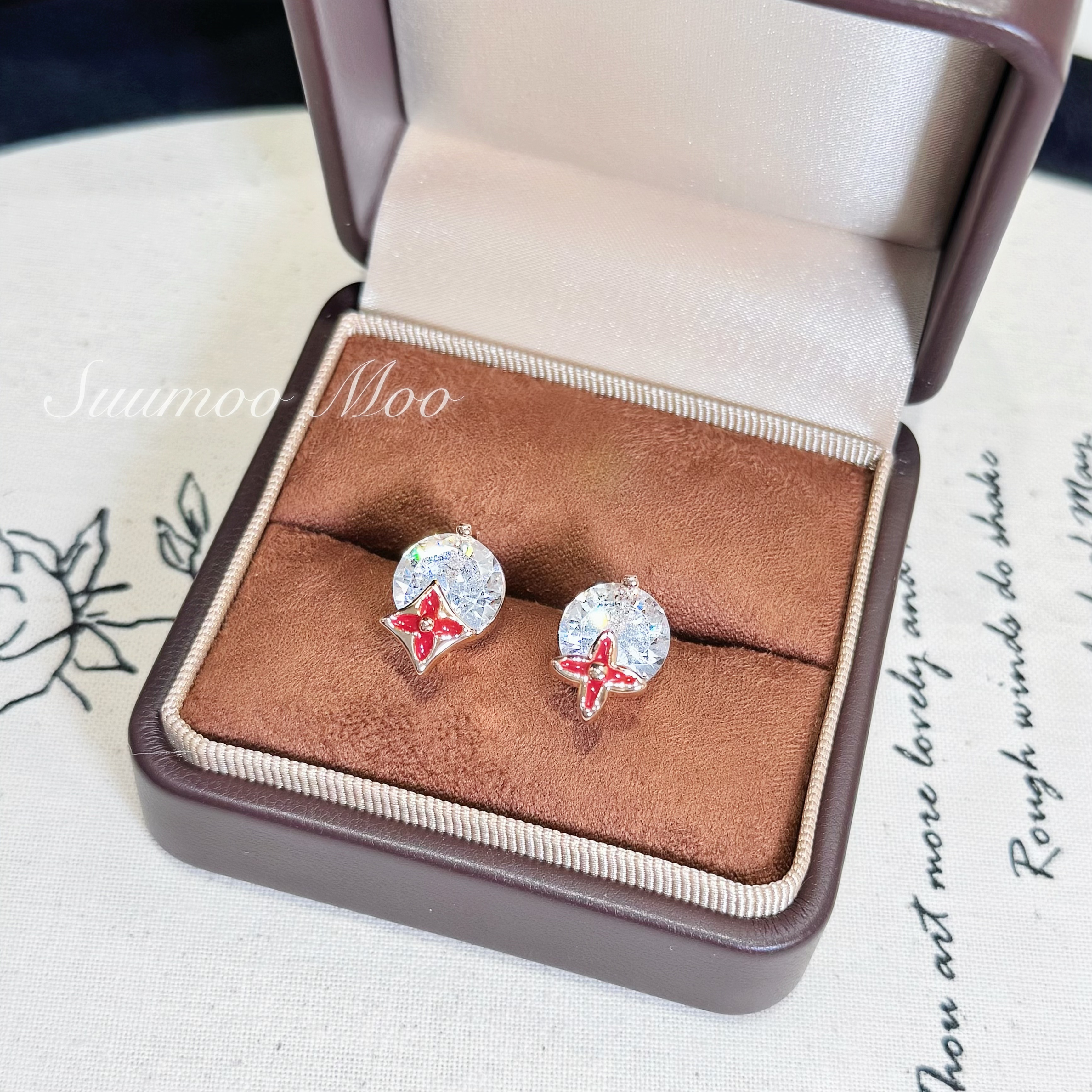 铜合金合成锆石耳饰 秋冬新款玫瑰金大颗锆钻红色老花耳环