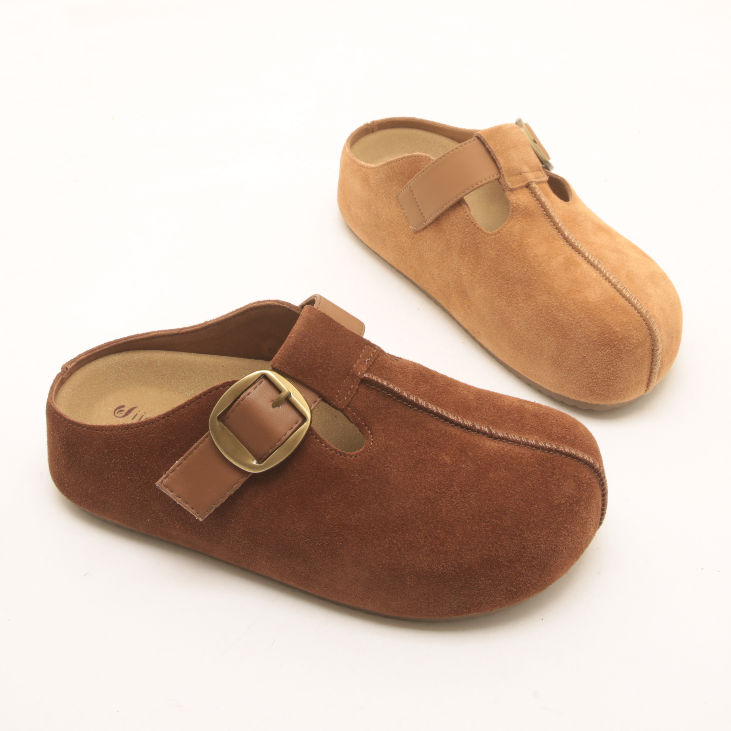 7677秋季新款圆头真皮吐司面包拖鞋女皮带扣厚底一脚蹬懒人勃肯鞋