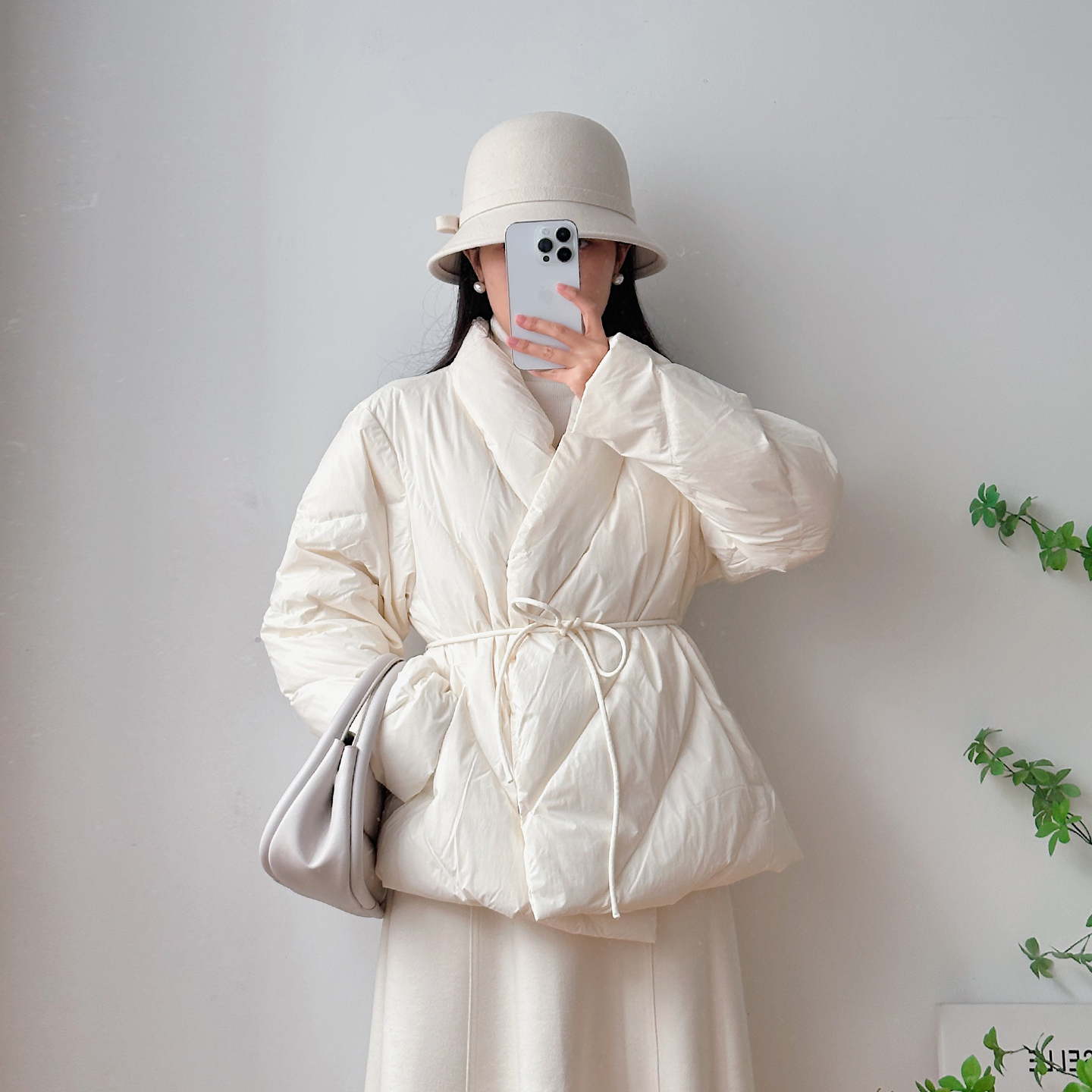 静好自制 小个子中式短款羽绒服V领收腰显瘦白鸭绒外套 温柔气质