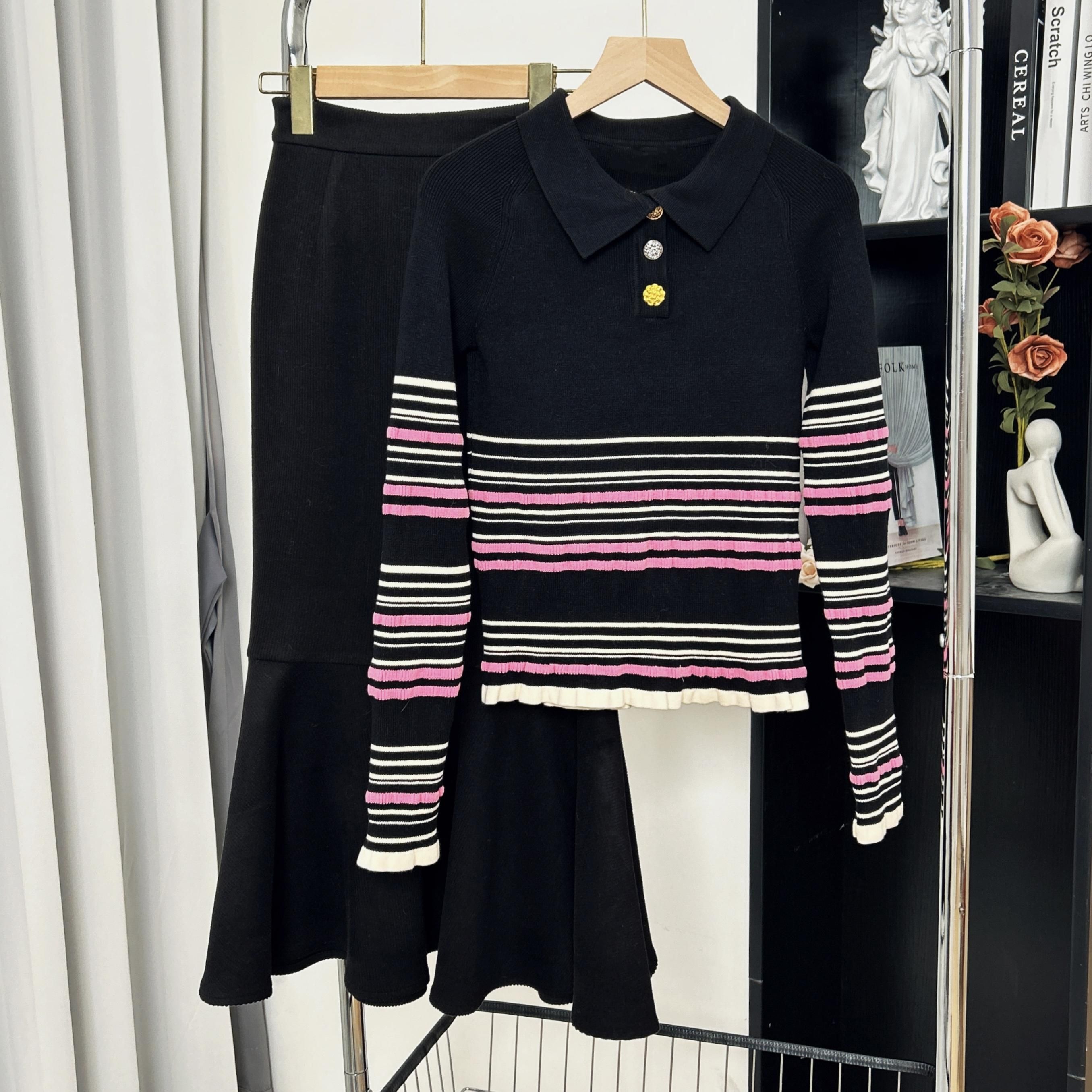 Design/25春季新款法式欧若风条纹长袖设计师上衣+半裙 11118 BCK