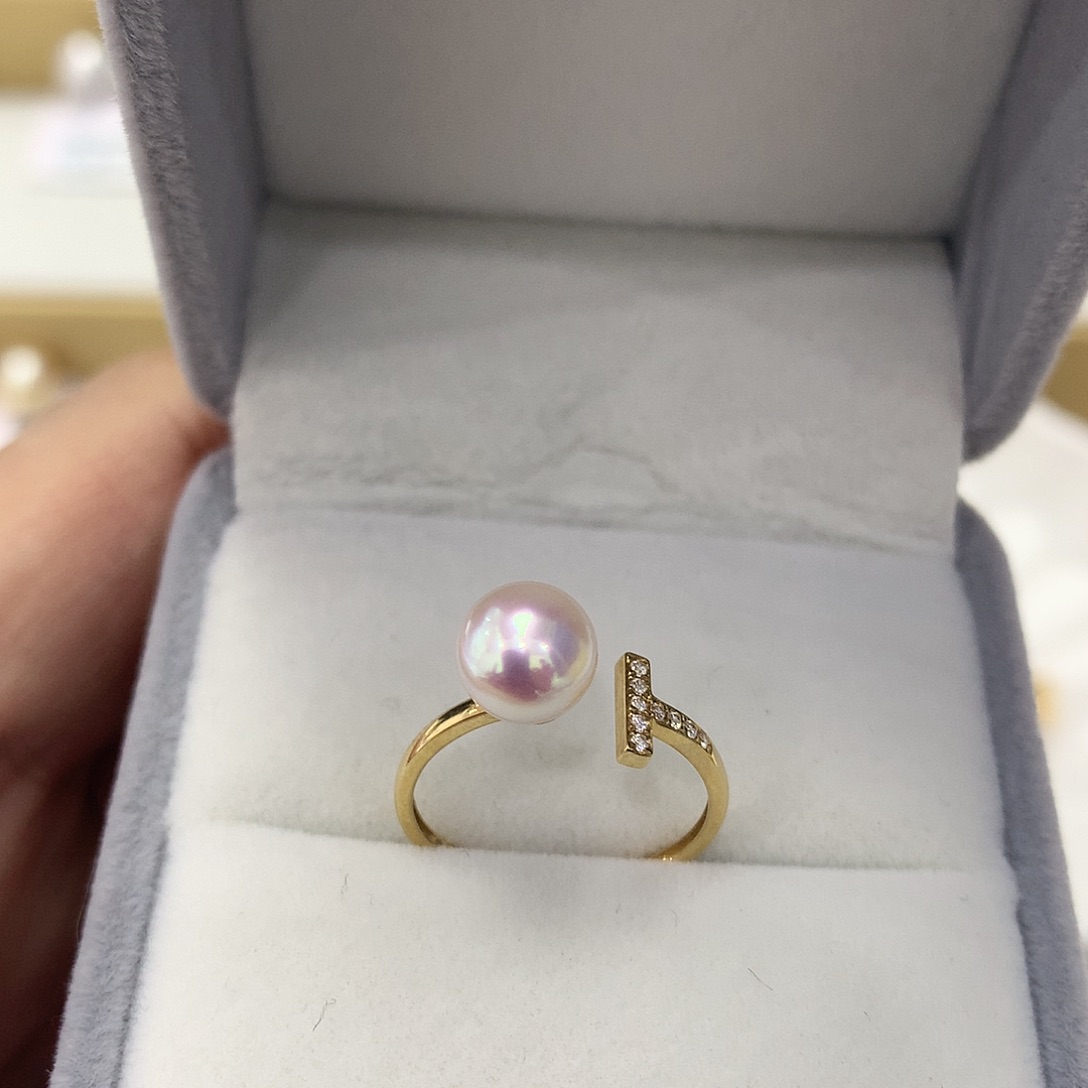 海水珍珠戒指18K金镶嵌Akoya7-8