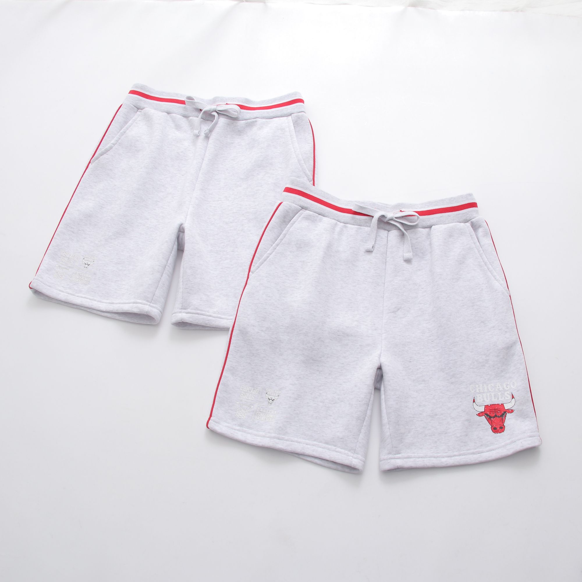 情侣灰色红边系带印花拉绒公牛短裤时尚舒适宽松撞色休闲五分裤