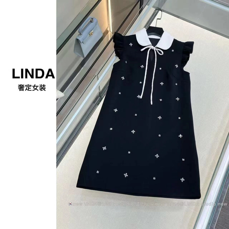 〖甜心小飞袖〗气质时尚娃娃领连衣裙小香风洋气黑色夏款