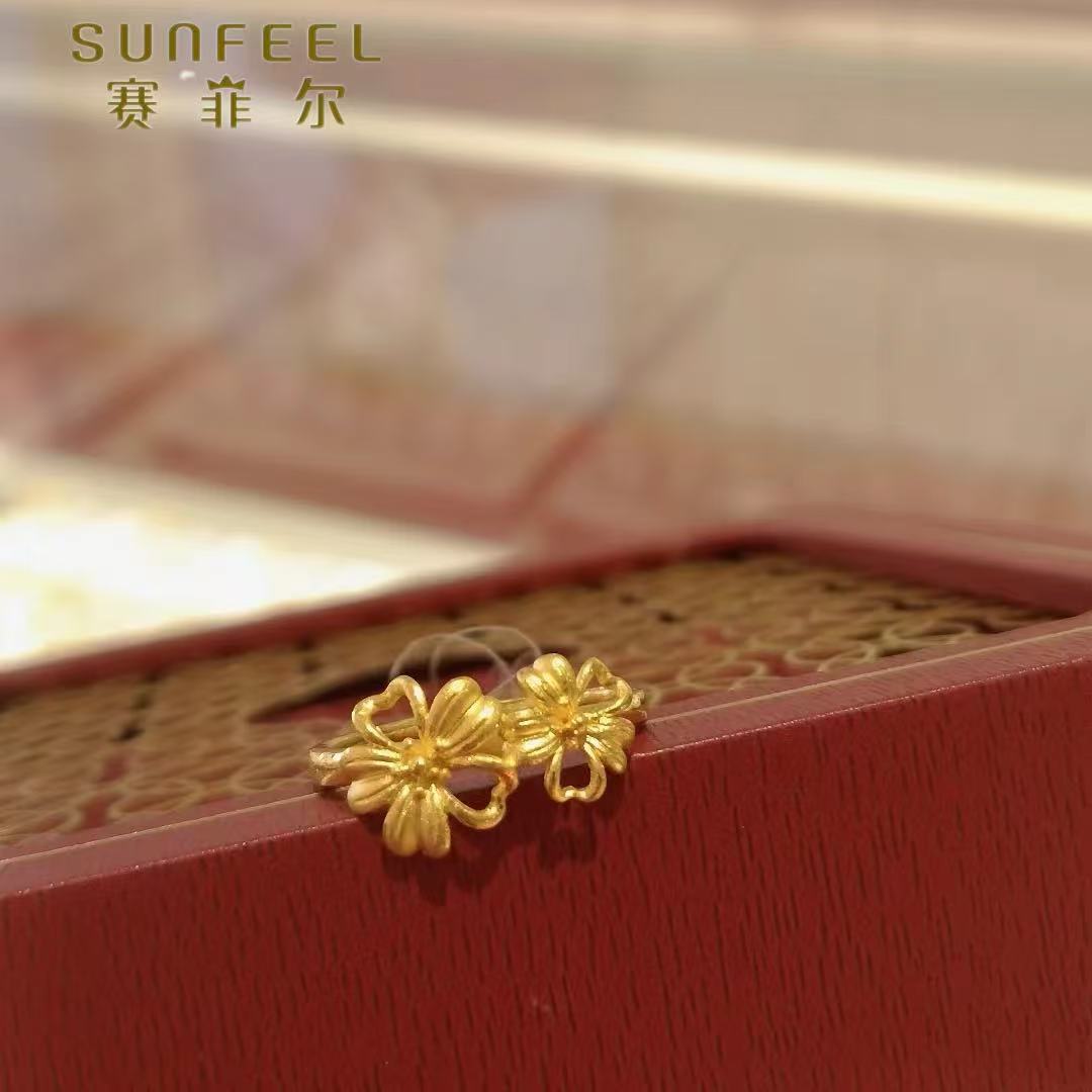 赛菲尔万足®足金高级感时尚百搭复古双生花朵活口可调节戒指