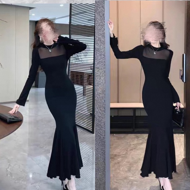 纯欲风性感黑色网纱拼接长袖修身显瘦露背鱼尾长裙子大码9327  