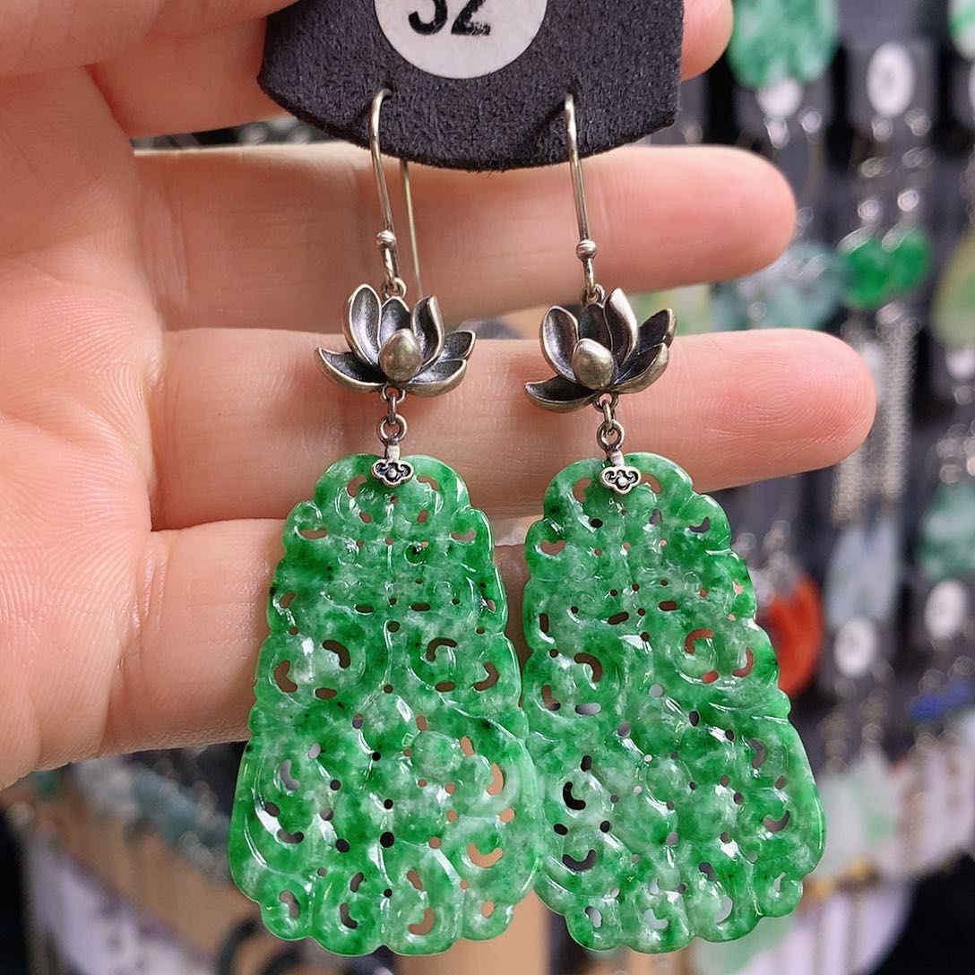 翡翠银S925镶嵌耳饰精美