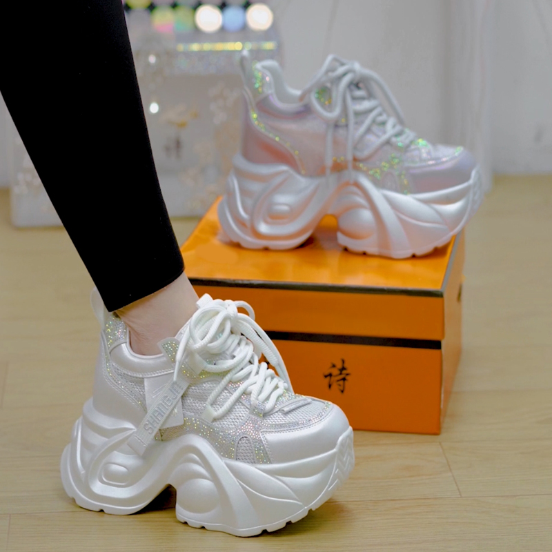 9cm小个子水钻透气厚底老爹鞋女2025夏季新款百搭增高休闲运动鞋