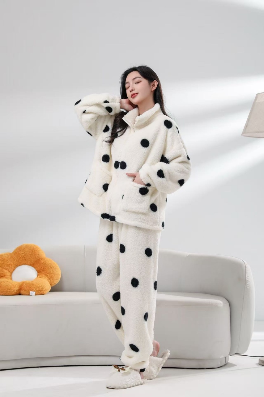【工厂直发】波点拉链睡衣成人家居服套装冬天宽松加厚