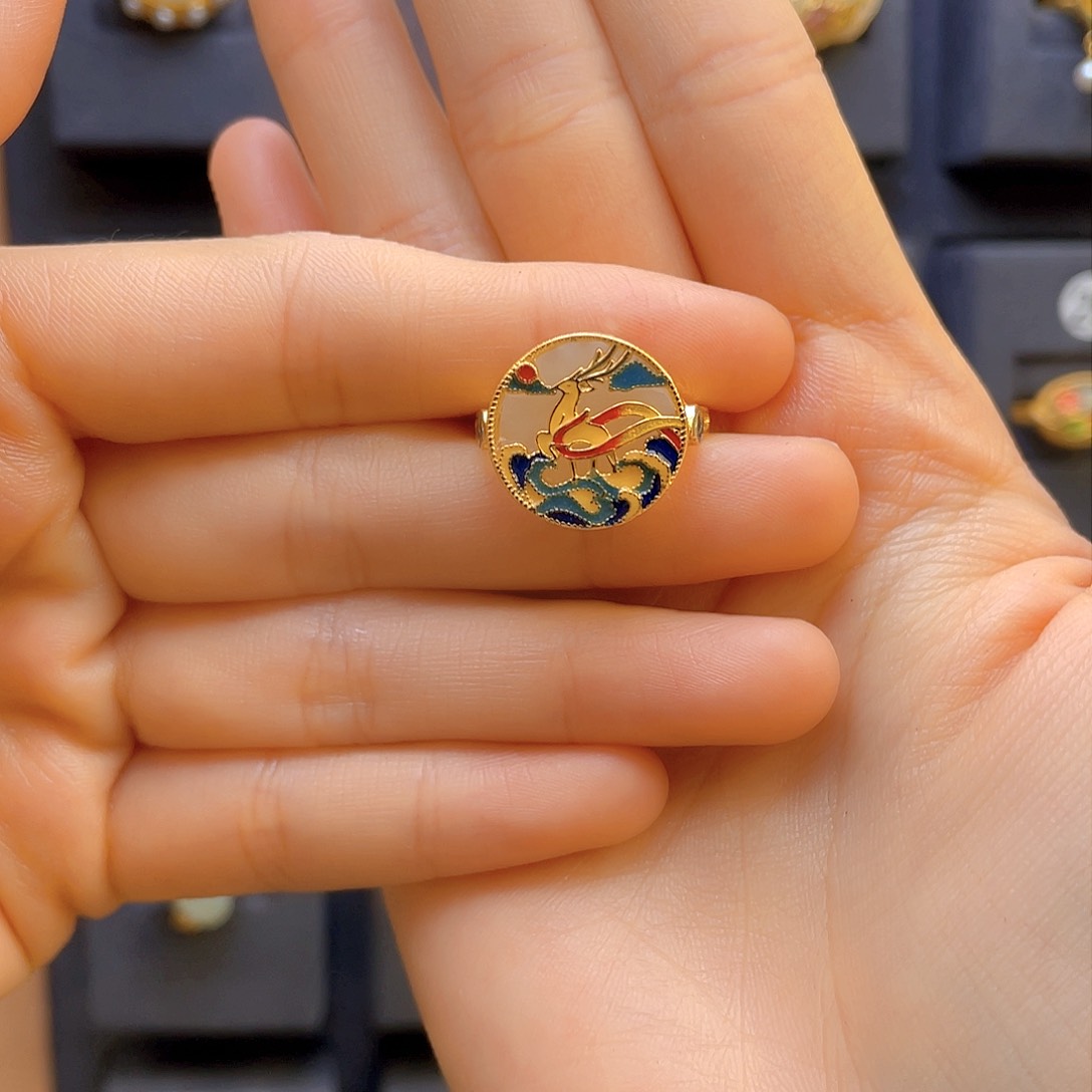 和田玉戒指银S925镀金镶嵌