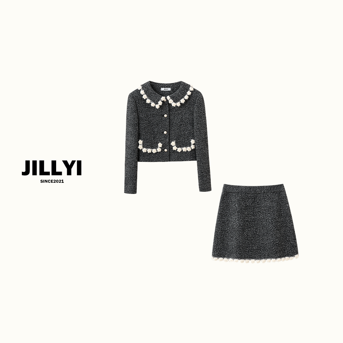 jillyi【绒花套装】深灰色花瓣时尚气质外套+灰色百褶裙套装