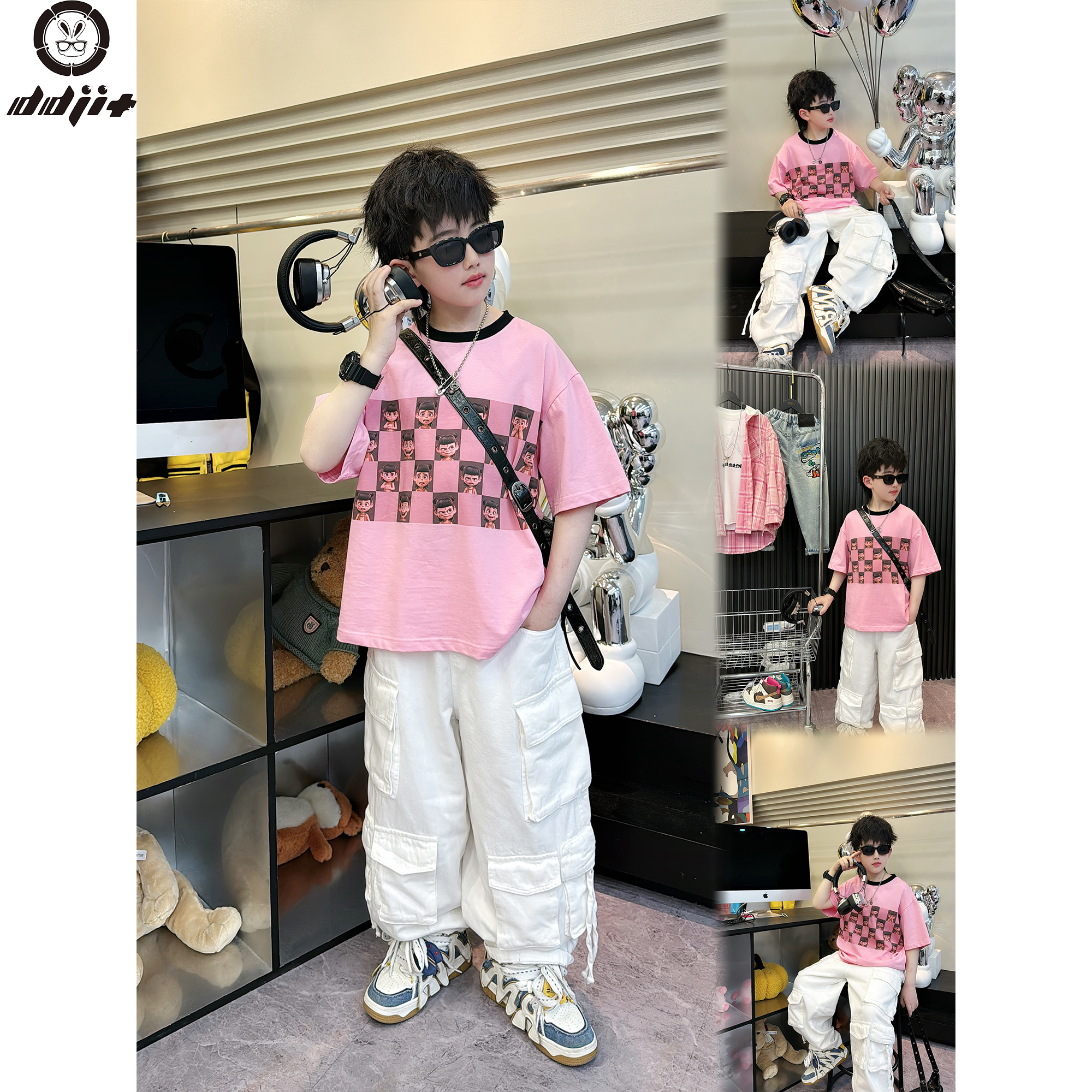 蛋蛋家【小粉吒儿】夏款时尚街头男童粉色小方块卡通短袖T恤