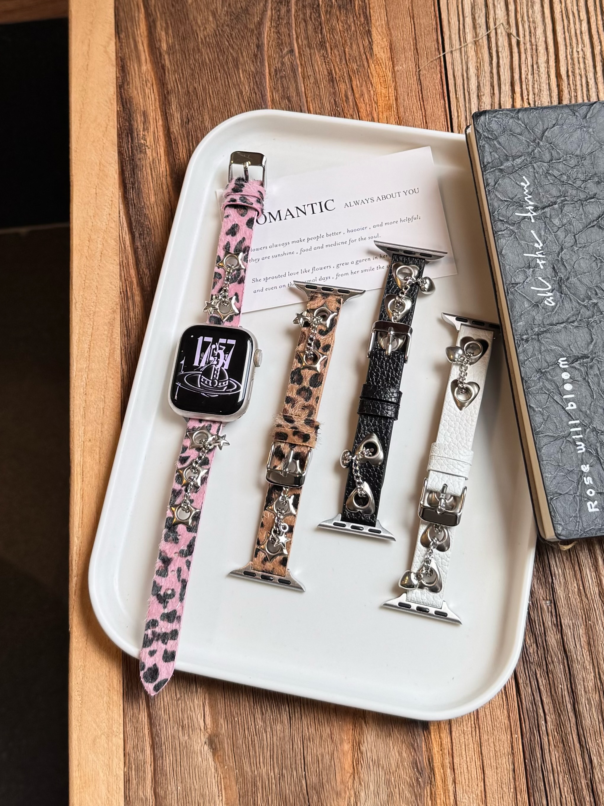 适用iwatch苹果手表s11甜酷朋克风豹纹小米109pro华为vivogt表带