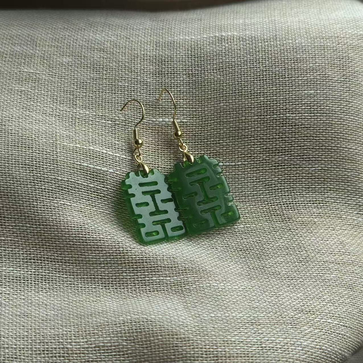 合金仿水晶耳饰 【去野知物】｜双喜｜绿色雕双喜耳饰