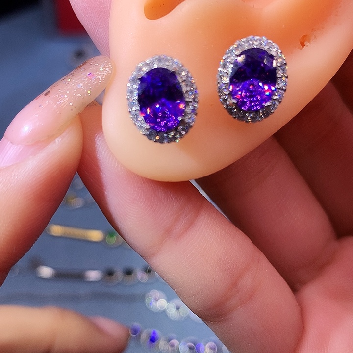 紫晶耳饰银S925镶嵌耳钉