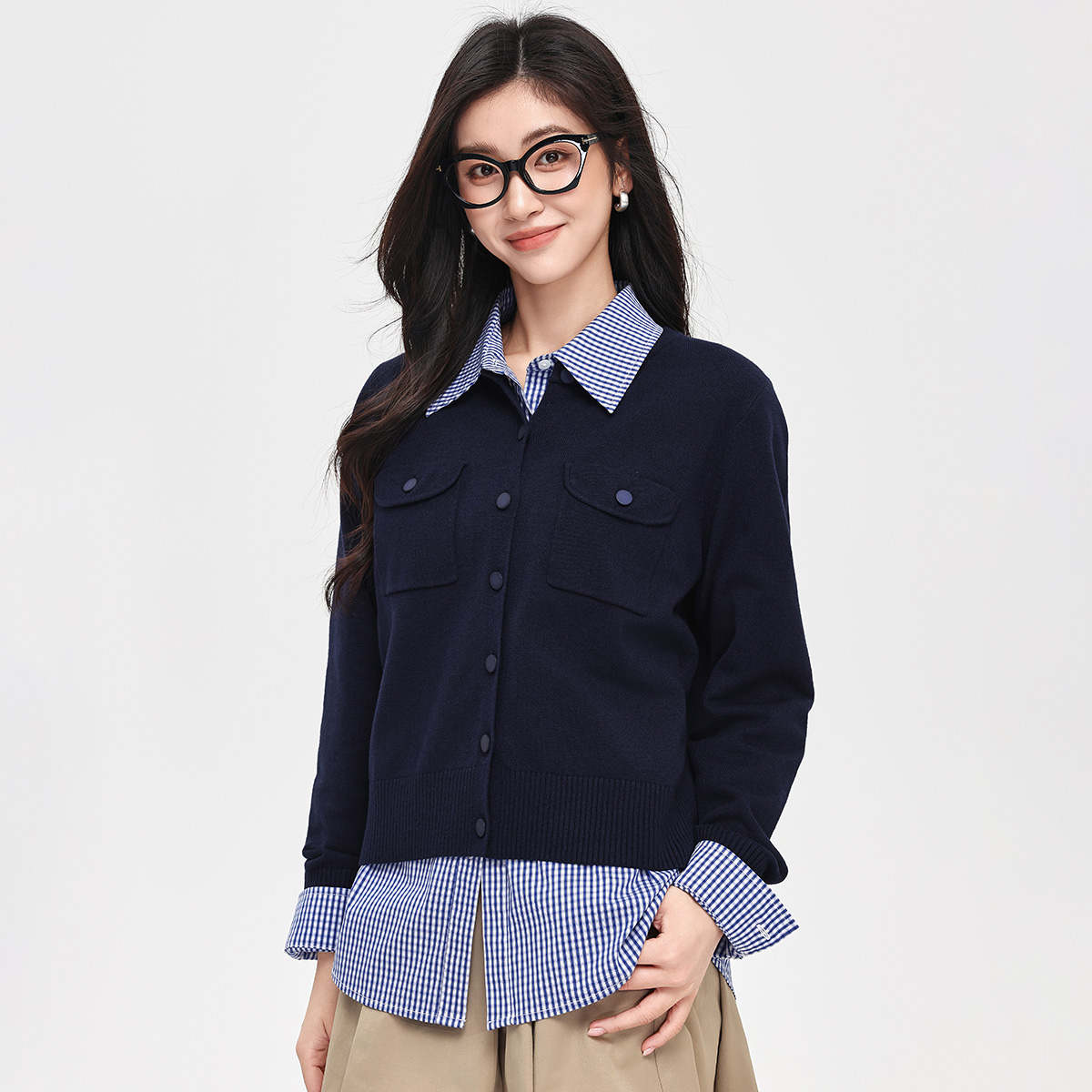 【年终狂欢购】茵曼26春季双口袋针织开衫复古百搭宽松圆领毛衣外套