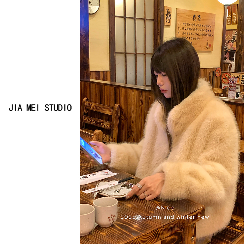 人造皮草 A307冬季加厚毛毛一体小立领短款外套仿皮草上衣小个子