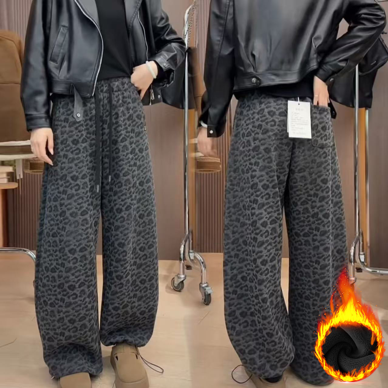 豹纹毛呢抽绳束脚弯刀裤女2025秋冬显瘦时尚休闲小个子直筒阔腿裤