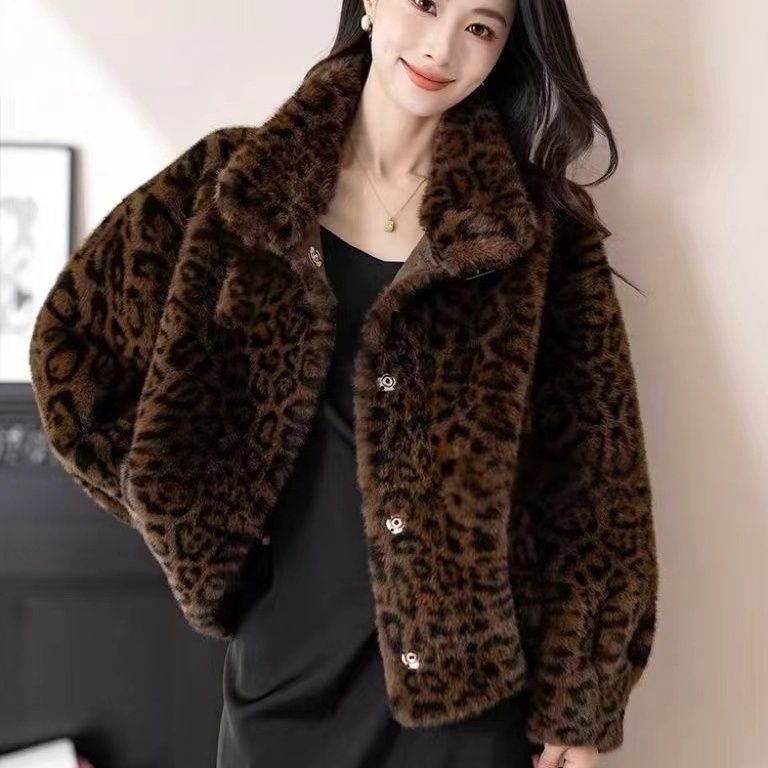 2025新款豹纹时尚气质翻领上衣女貂绒毛毛外套女冬款短款百搭宽松