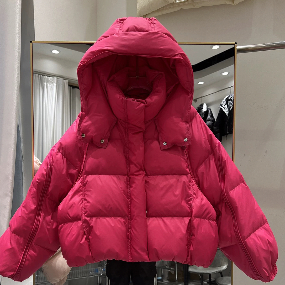 【YSLT官方店】时尚玫红色拉链泡芙短款白鸭绒加厚冬季羽绒服女