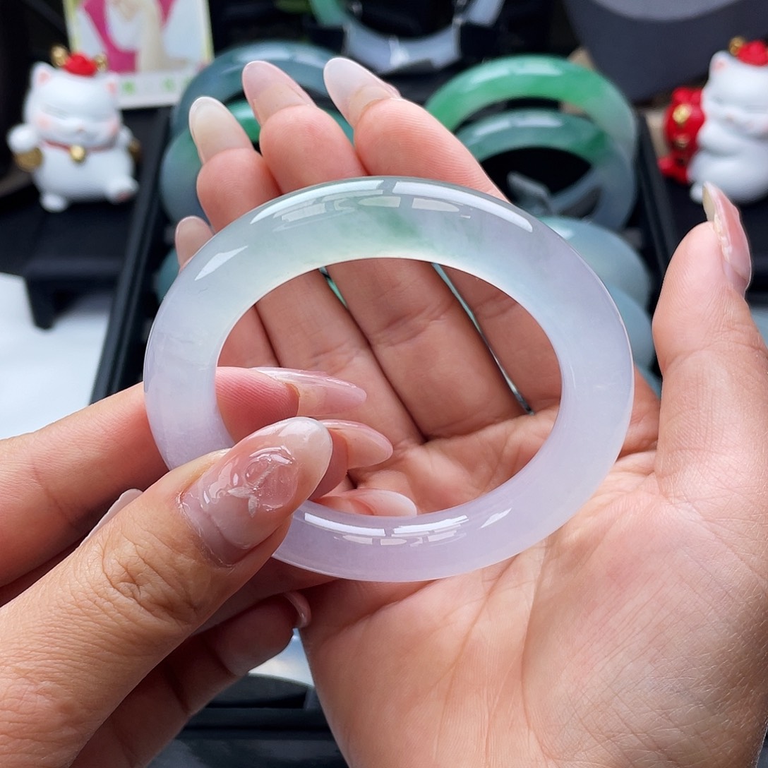 翡翠手镯未镶嵌53冰透紫底飘绿花圆条、截图询价