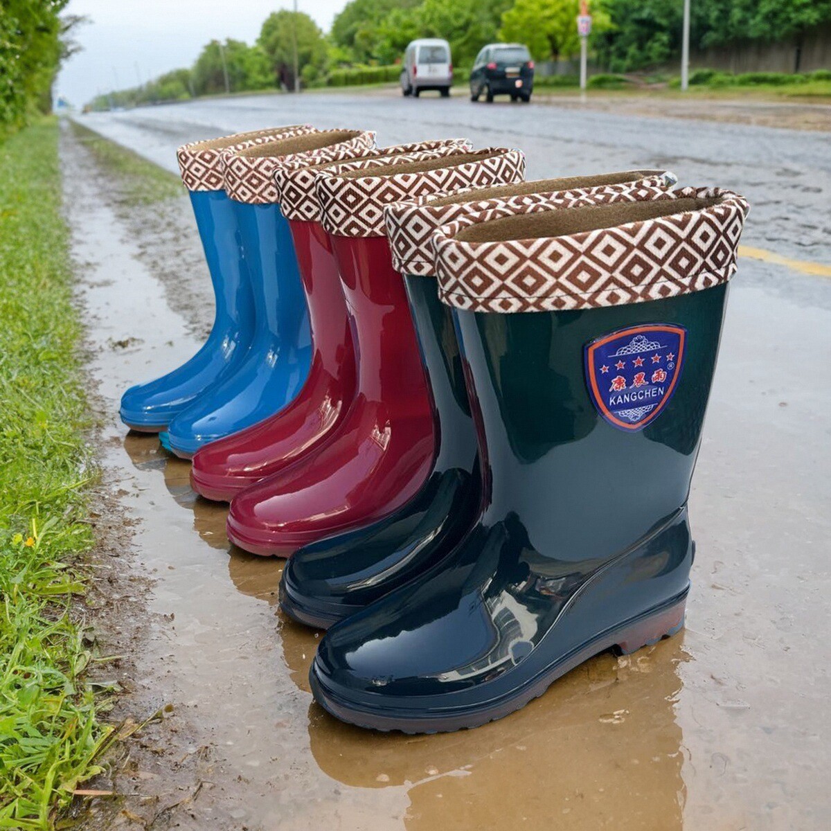 防水套鞋中筒纯色加绒保暖雨靴成人雨鞋女防滑胶鞋时尚水靴水鞋
