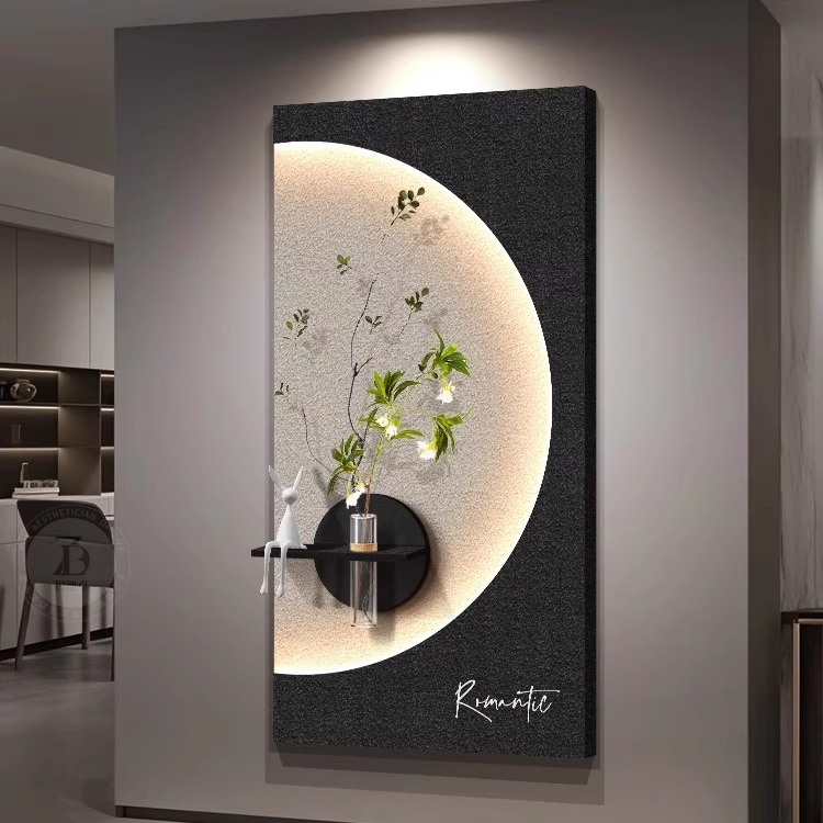水培绿植玄关装饰画入户正对门走廊2025挂画过道带灯光壁灯画