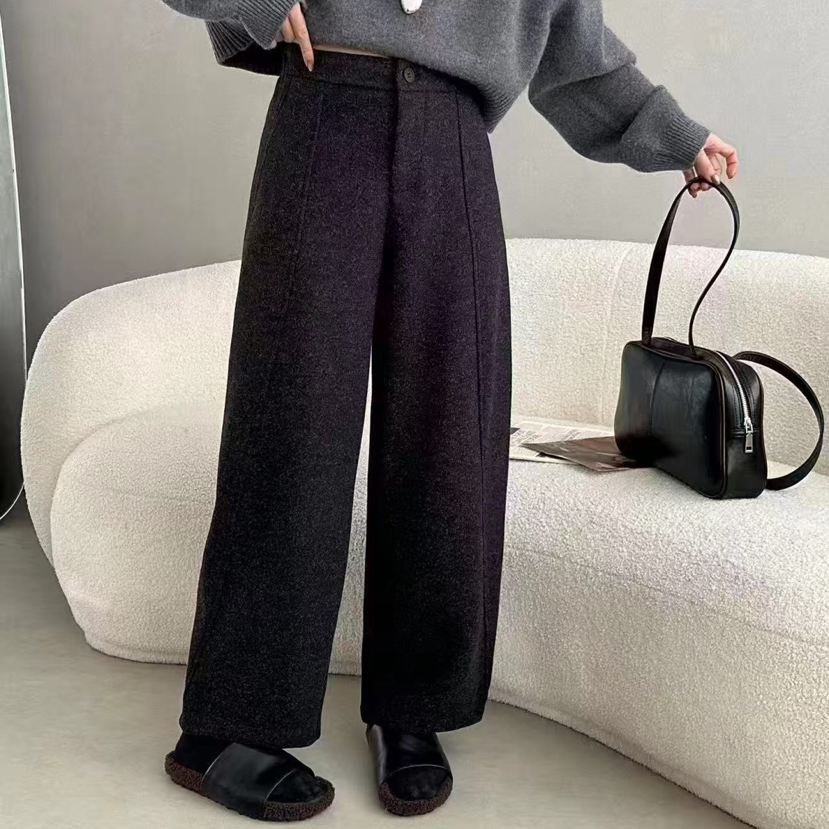 （裤长94）9858毛呢弯刀加厚加绒九分毛呢显瘦糯米阔腿裤