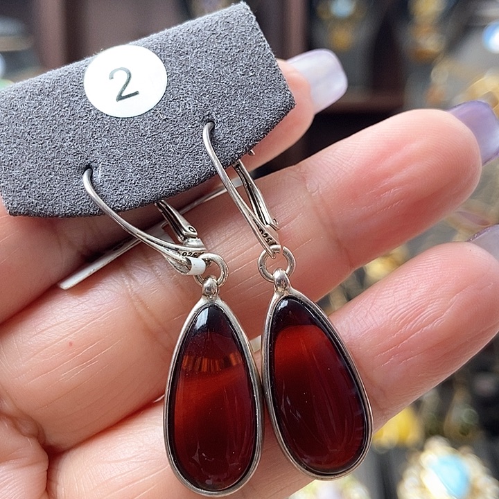 琥珀耳饰银S925镶嵌耳环