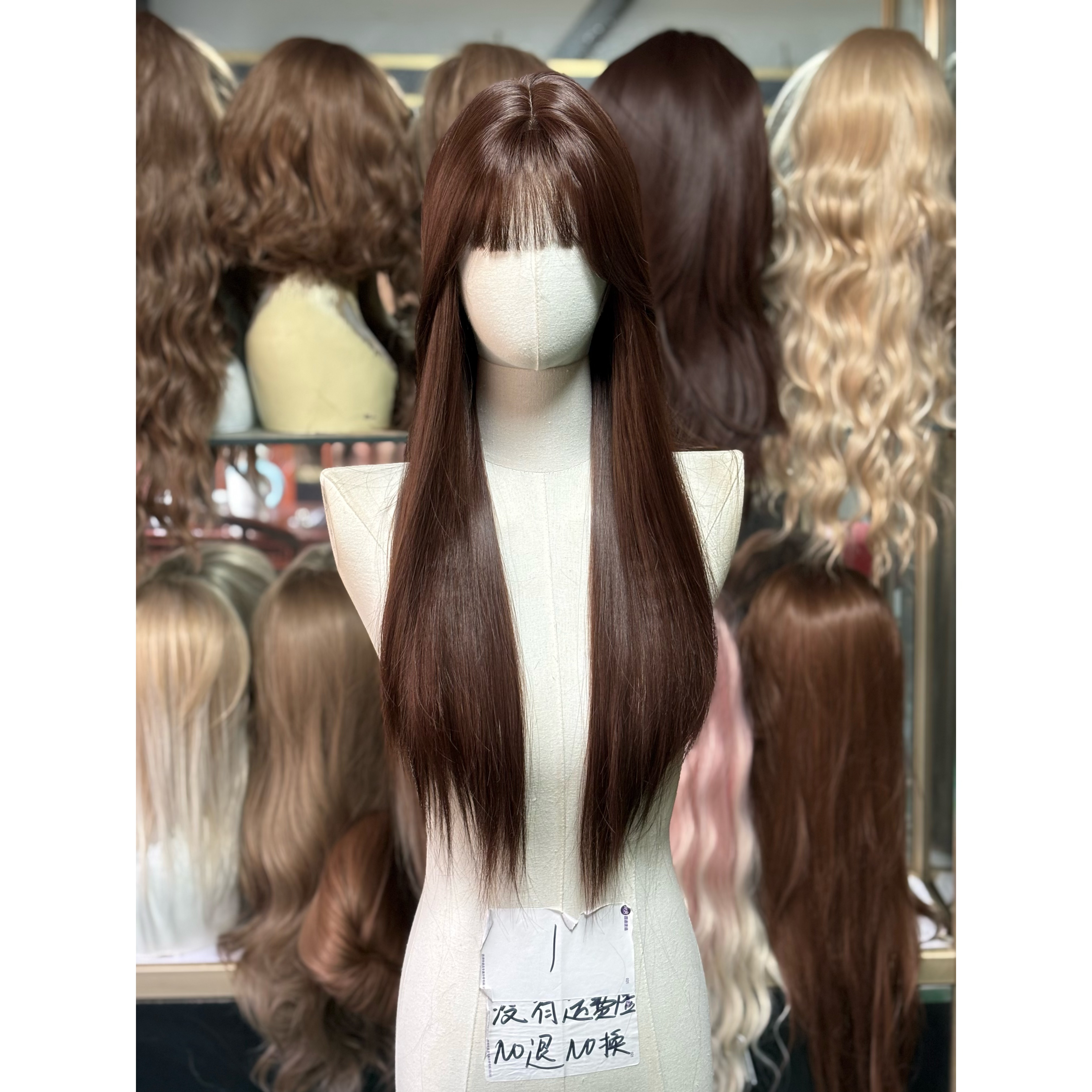 假发女齐刘海长直发巧克力棕直发显白自然仿真人发丝整顶全头套式