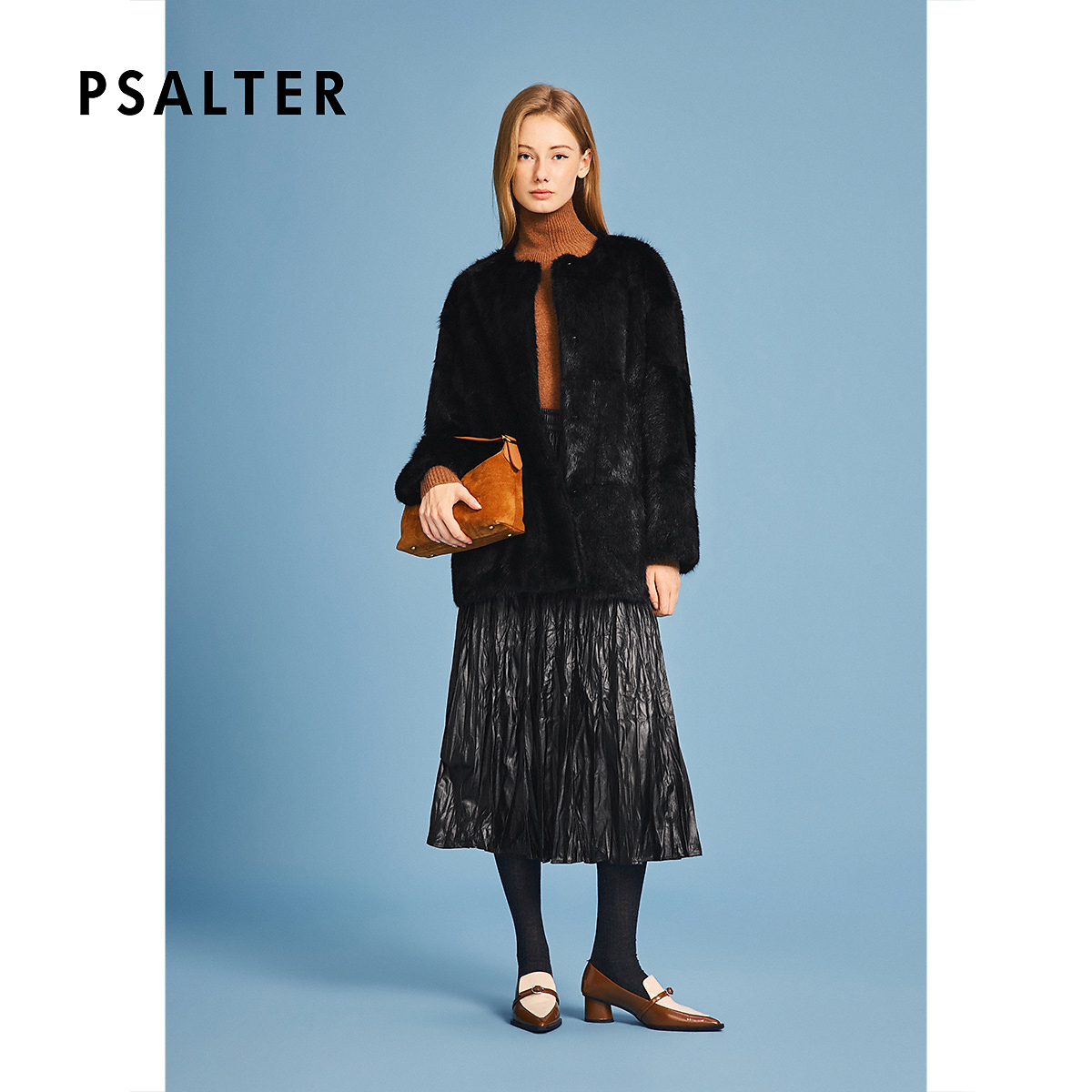 诗篇专选简约圆领廓版落肩保暖皮草外套2025冬季新款