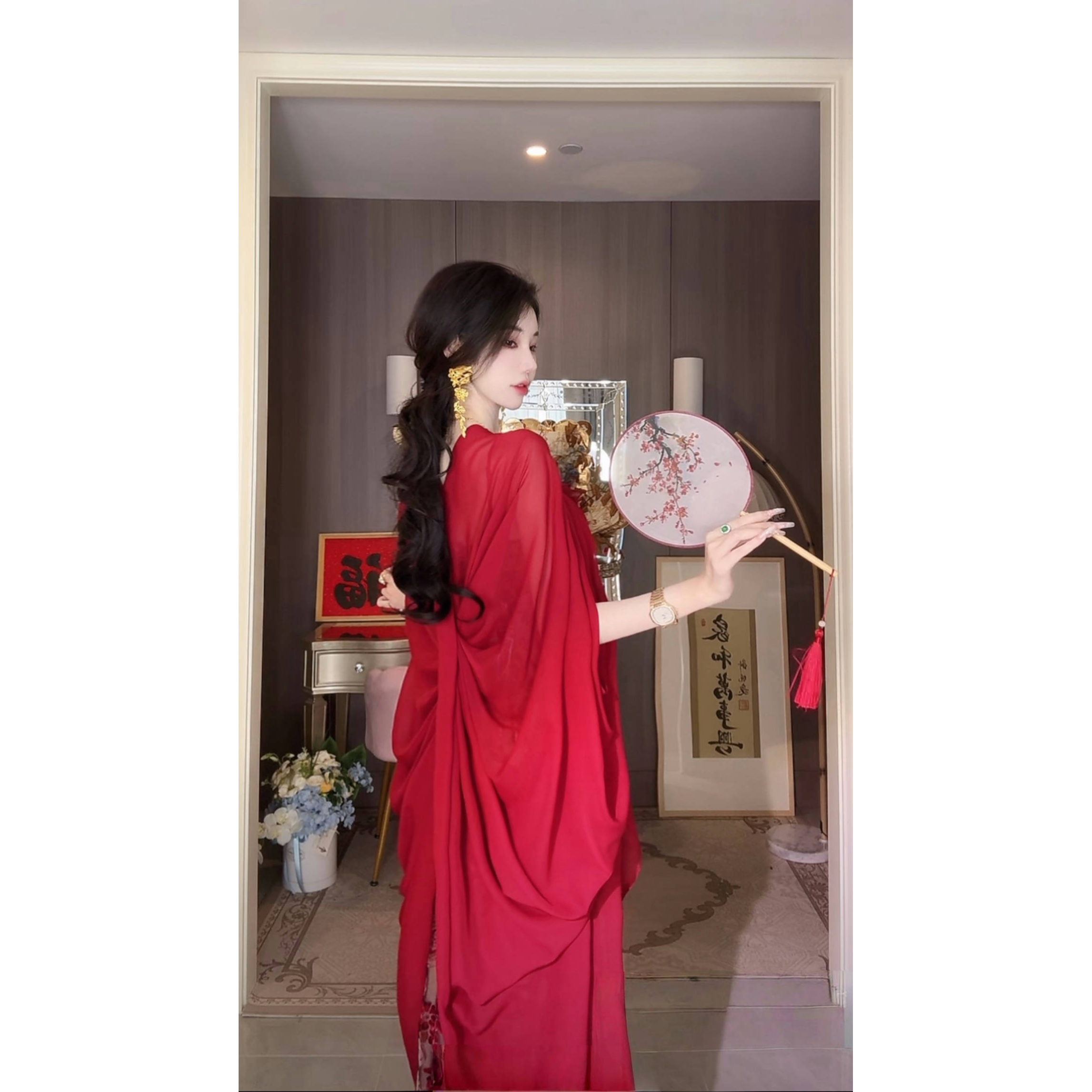 【雅乔定制】昭如愿 春夏长款宽松遮肉红色雪纺外披DYYK-24122161