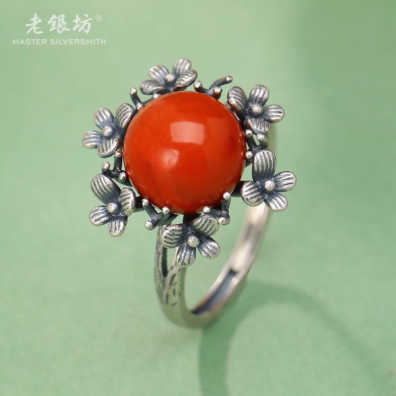 【老银坊】s925银复古花边南红戒指 00312574