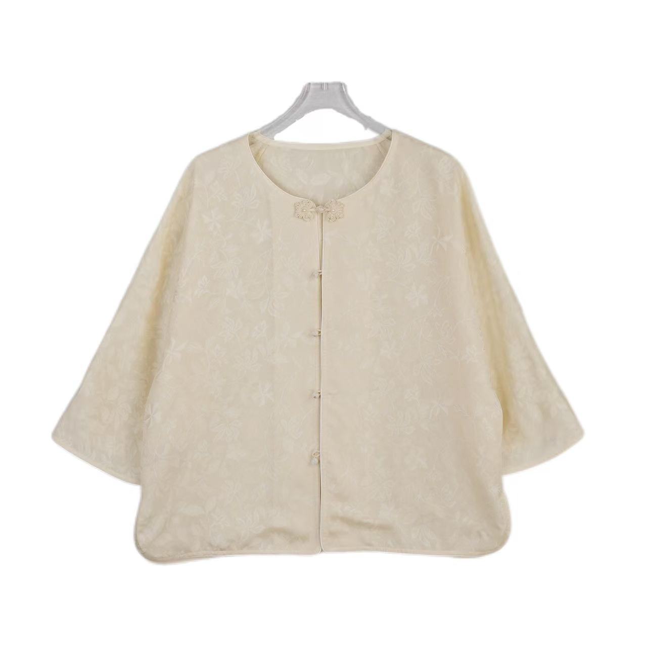 〘烟柳轻罗〙中式非遗三经绞罗精致提花 珍珠点缀花朵盘扣七分长袖