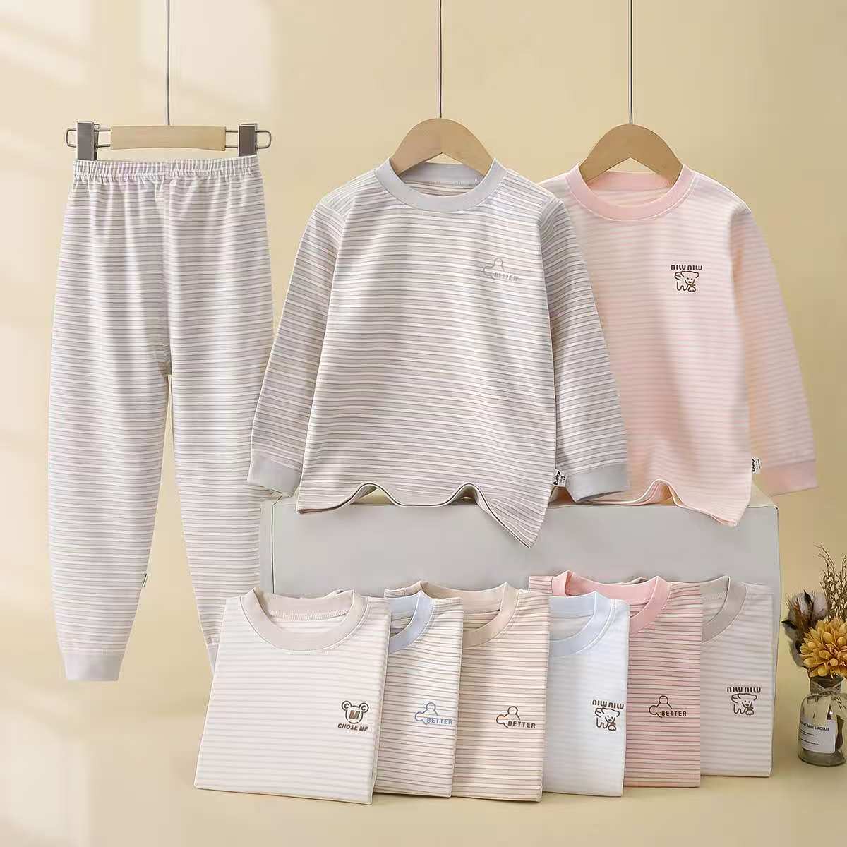 【童话部落】220克A类无骨精梳100棉条纹内衣套装春秋儿童（标随机）