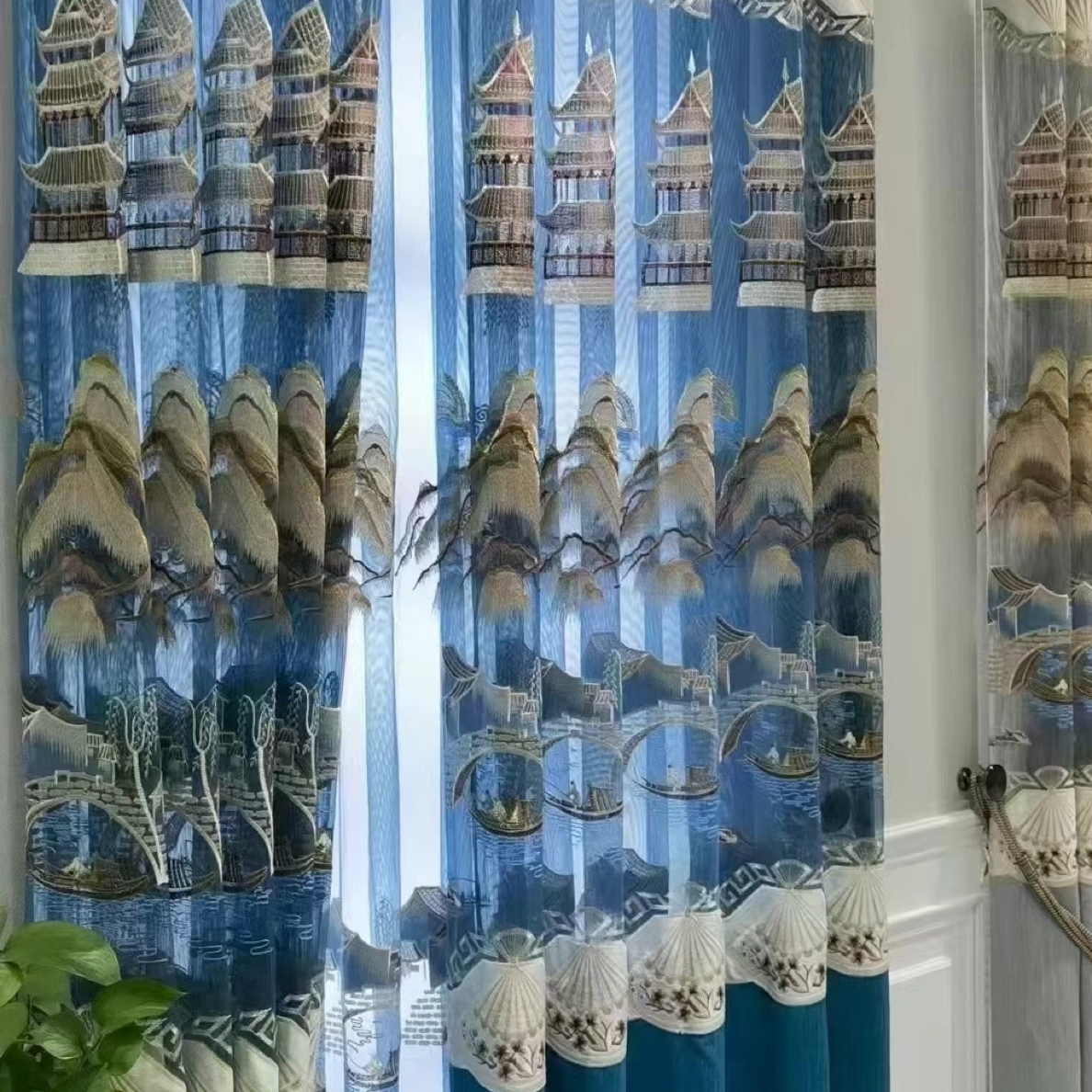 3.2米高中式大镂空雪尼尔刺绣客厅窗帘可定制适合别墅落地窗