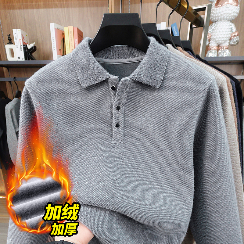 男士翻领针织衫POLO领雪尼尔毛衣加绒加厚保暖内搭一体绒上衣冬季