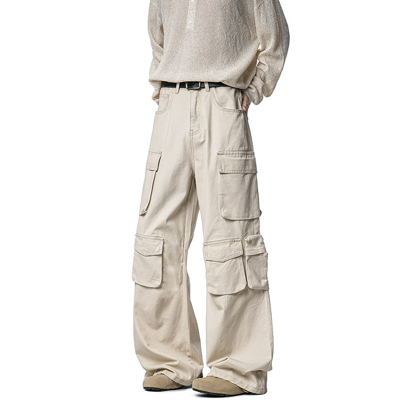 美式复古百搭多口袋阔腿宽松水洗纯色休闲裤子街头直筒工装裤男女