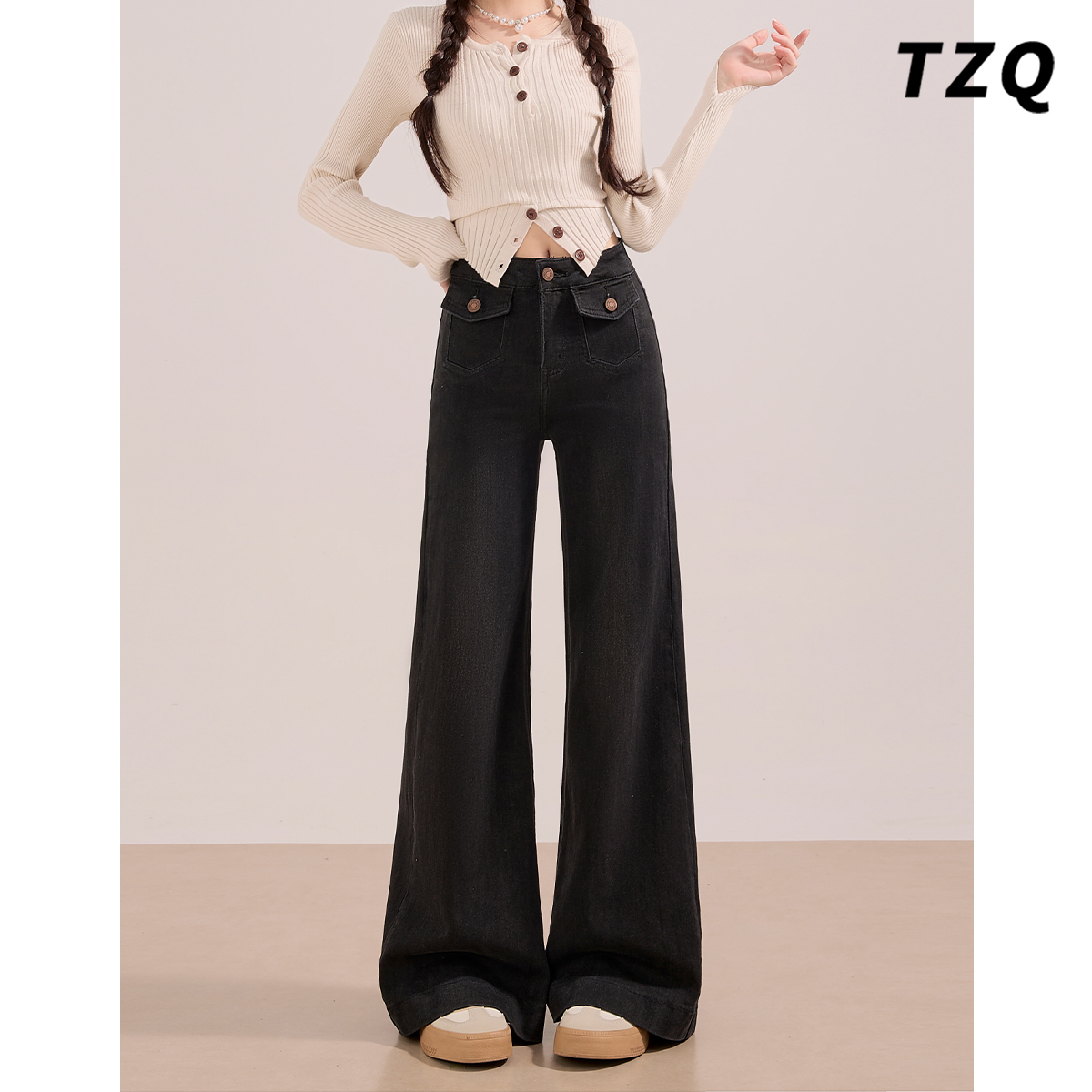 黑色高腰不贴腿微喇牛仔裤女秋冬季加绒款百搭阔腿裤 TZQ25122441