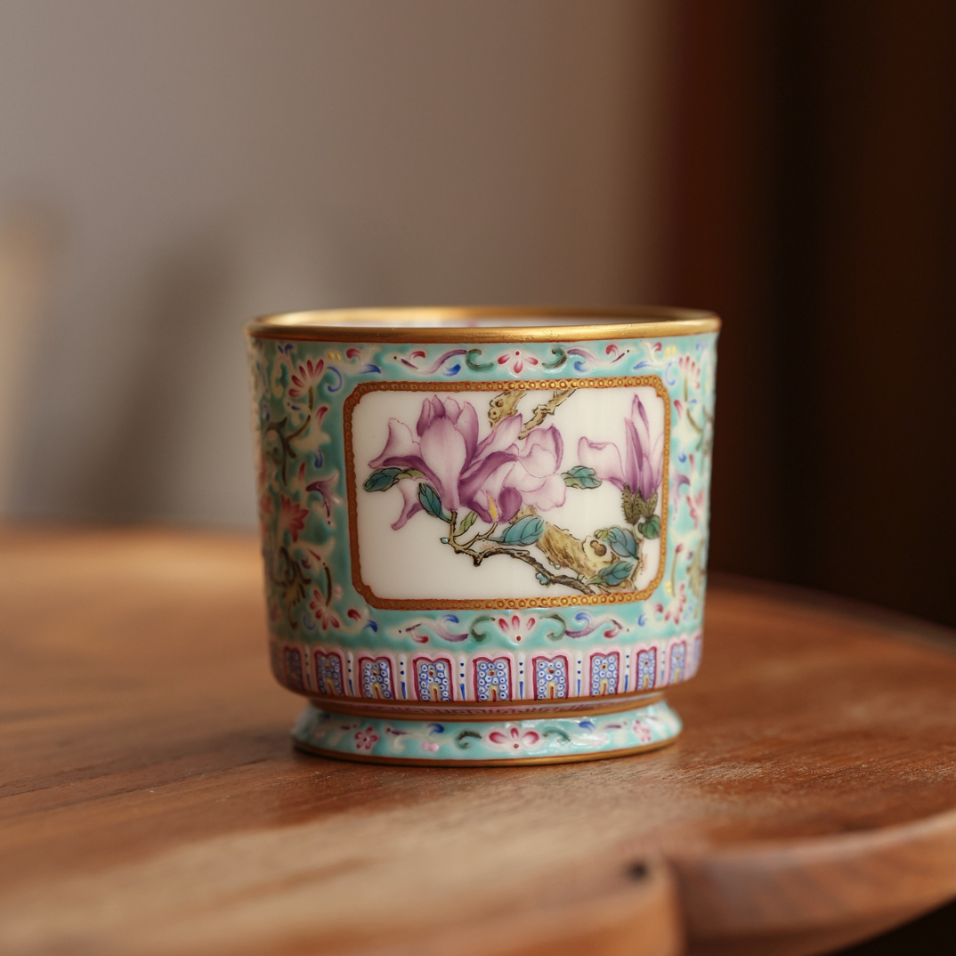 【双十二专属福利】溢珍堂绿地开窗玉兰直口杯纯手工手绘高端陶瓷