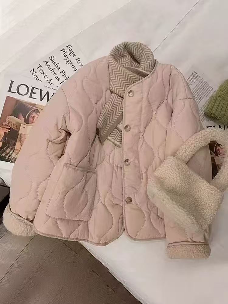 粉色羊羔毛棉服女外套秋冬季新款韩版羊羔绒菱格短款棉衣加厚棉袄