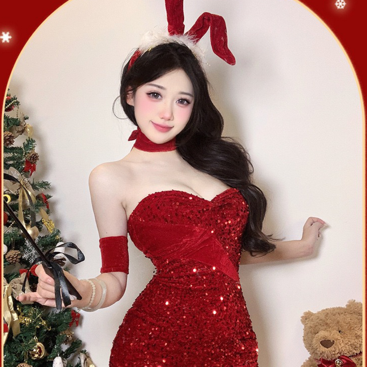 {蜜桃屯儿}红色纯欲风亮片蝴蝶结吊带包臀连衣裙圣诞新年穿搭