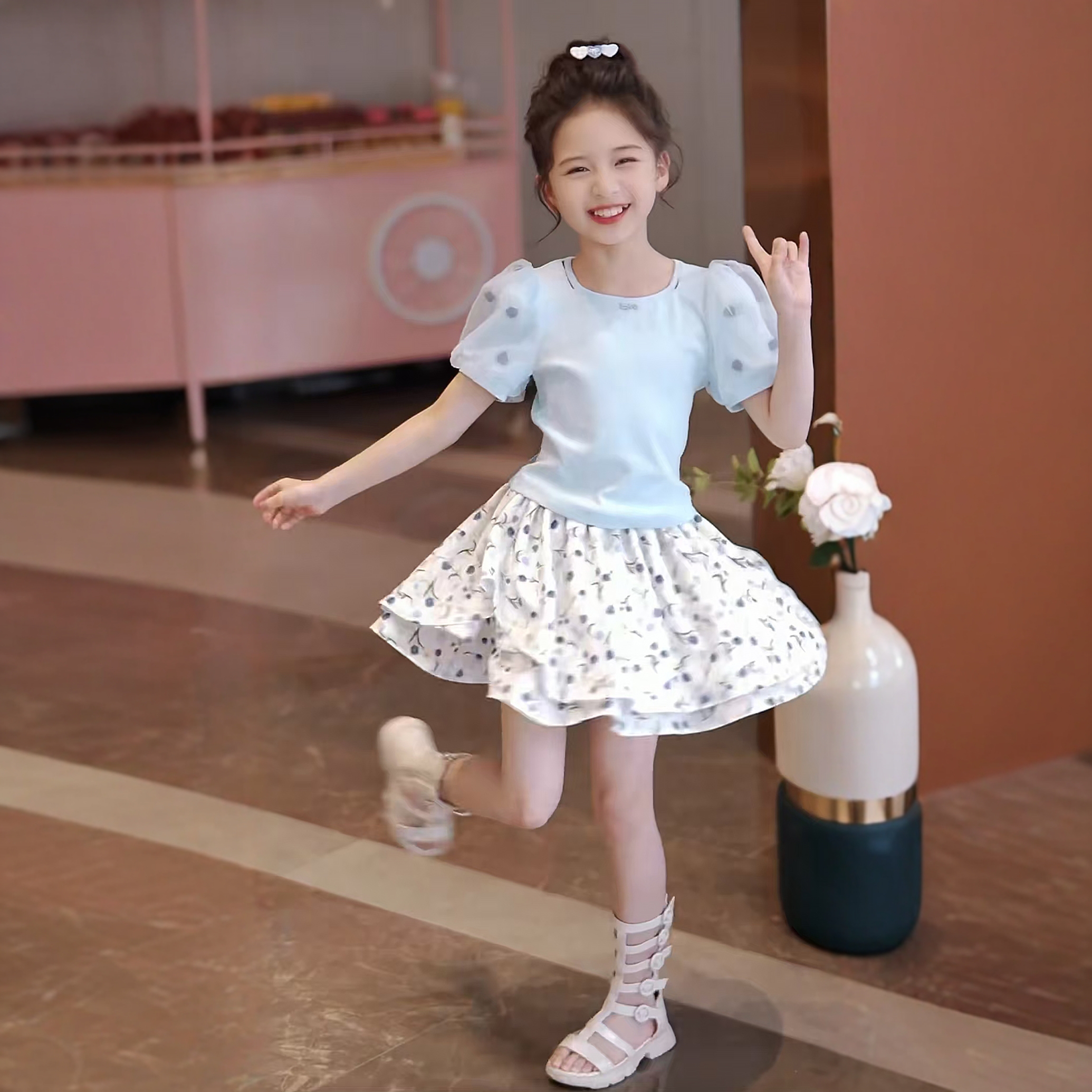 女童套装夏季薄款2025新款儿童洋气时髦短袖T恤蛋糕裙两件套女孩