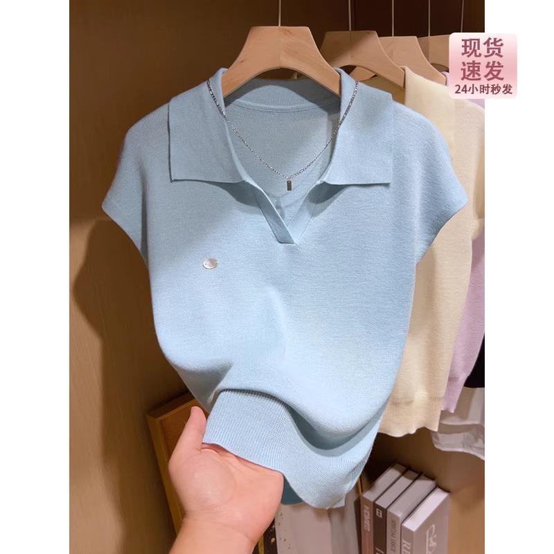 韩版气质polo领短袖针织衫女夏季设计感小个子显瘦正肩薄款短上衣