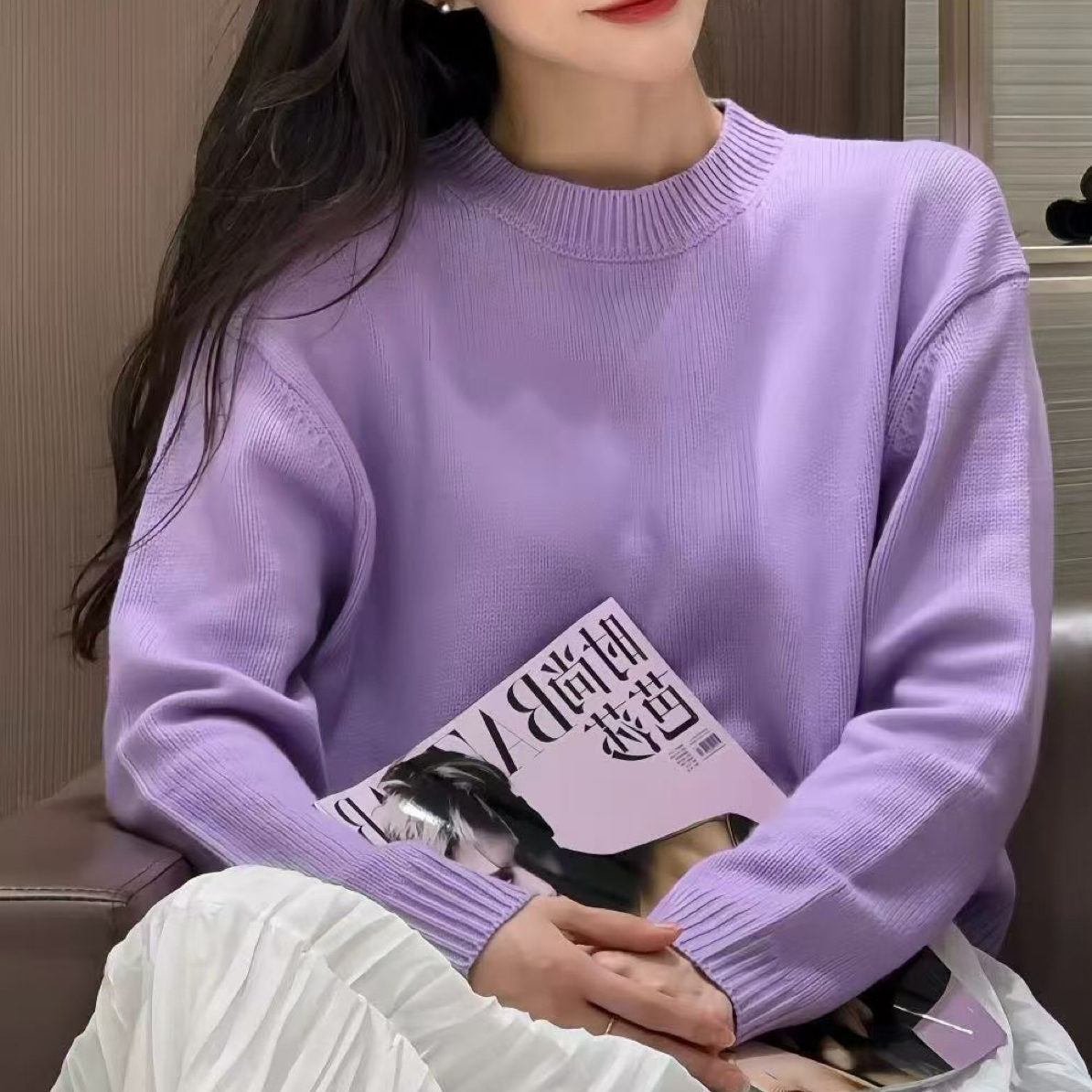 易缔媤老钱静奢风落肩袖圆领针衫73088